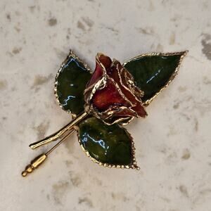 Vintage 24k Gold Trimmed Lacquered Real Rose Brooch Pin Estate Jewelry